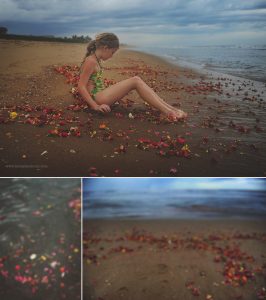 A peaceful scene with a girl sitting amongst flowers on a beach in India by Kirsty Larmour