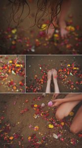 details of a girl sitting in multicoloured flowers on a beach in Chennai, India, by travel photographer, Kirsty Larmour
